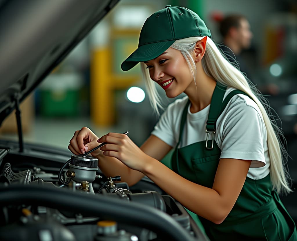  cinematic photo portrait. elf girl auto mechanic adjusts the carburetor. elf with white hair (hair removed horse tail), (slim and graceful) in a green jumpsuit, white t shirt and a visor back baseball cap, a small slit screwdriver adjusts the carburetor on a large big block v8 engine. he smiles thoughtfully. under the hood of a big car. . 35mm photograph, film, bokeh, professional, 4k, highly detailed