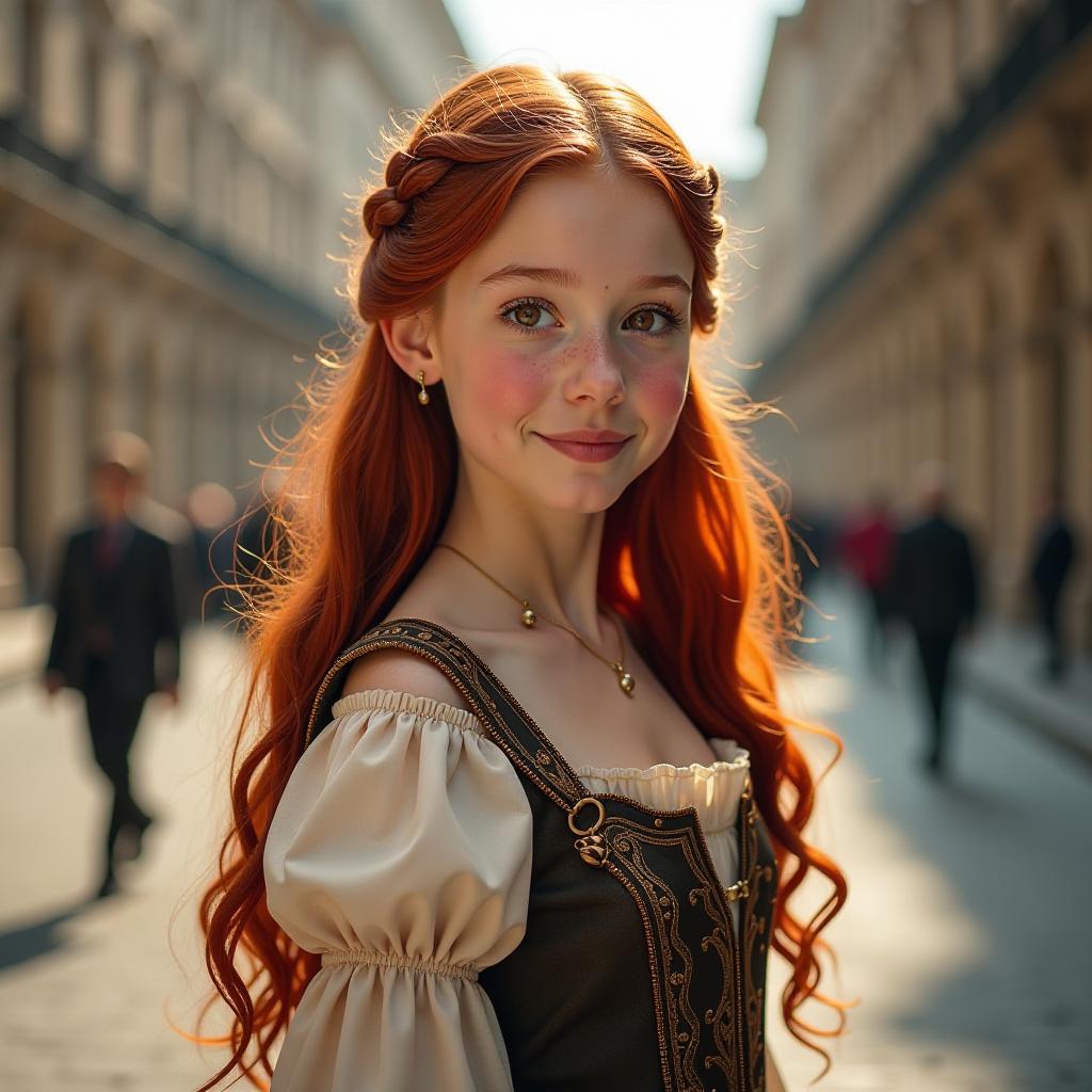  a girl with long red hair and brown eyes is standing and smiling in a classic style in a beautiful city, looking like a princess. hyperrealistic, full body, detailed clothing, highly detailed, cinematic lighting, stunningly beautiful, intricate, sharp focus, f/1. 8, 85mm, (centered image composition), (professionally color graded), ((bright soft diffused light)), volumetric fog, trending on instagram, trending on tumblr, HDR 4K, 8K