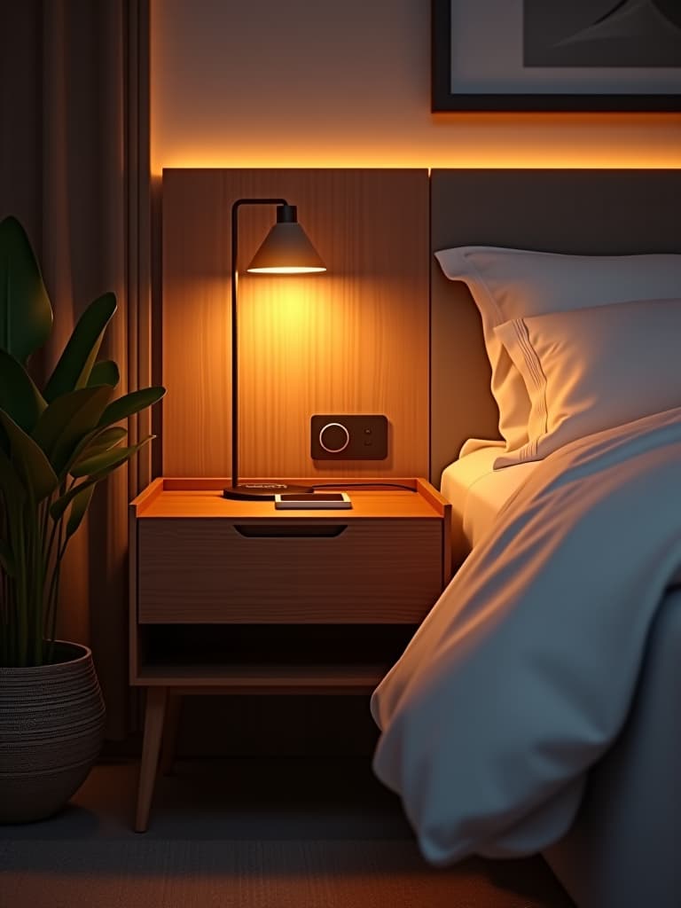  high quality portrait photo of a multifunctional bedside table with built in charging stations, hidden compartments, and sleek design, captured in warm, ambient lighting hyperrealistic, full body, detailed clothing, highly detailed, cinematic lighting, stunningly beautiful, intricate, sharp focus, f/1. 8, 85mm, (centered image composition), (professionally color graded), ((bright soft diffused light)), volumetric fog, trending on instagram, trending on tumblr, HDR 4K, 8K