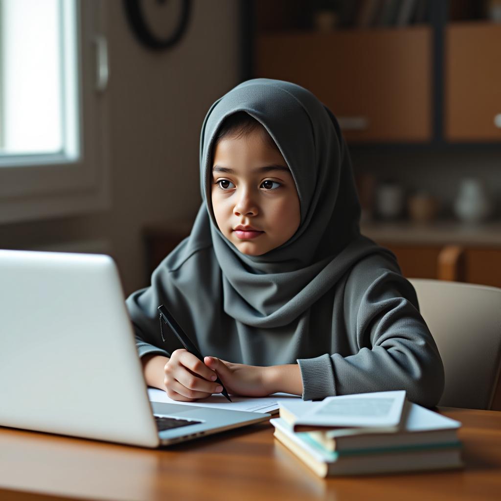  a muslim girl in a niqab and hijab without showing her eyes is sitting at a table with a laptop, notebook, and books, along with a stylus.