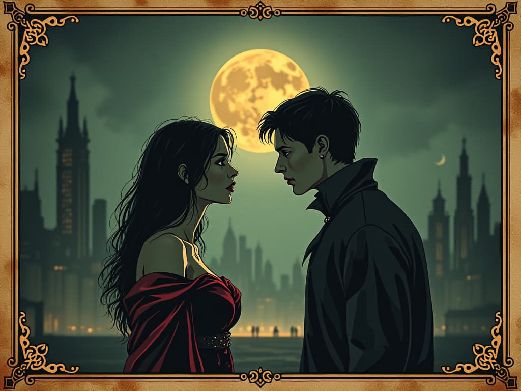  two strangers engaged in deep conversation, a cityscape background with soft glowing lights connecting them, moonlit ambiance, revelation, mutual understanding. an illustration in the style of a worn, mystical old tarot trump card, mysterious and elements of surrealism. the colors are muted, somber and eerie, but with contrast bring out an occult and esoteric vibe.