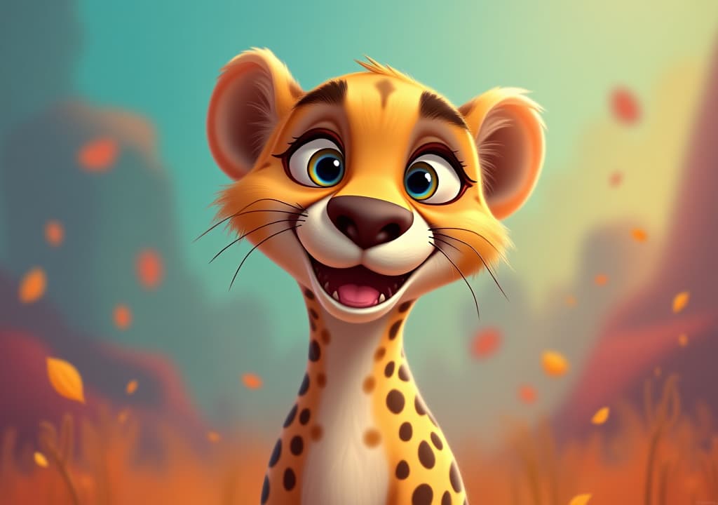  cartoon art style, a cheetah with exaggerated features and a playful expression, set against a bright, whimsical background., high quality, high details, hd, perfect composition, 4k epic detailed, highly detailed, sharp focus, high resolution