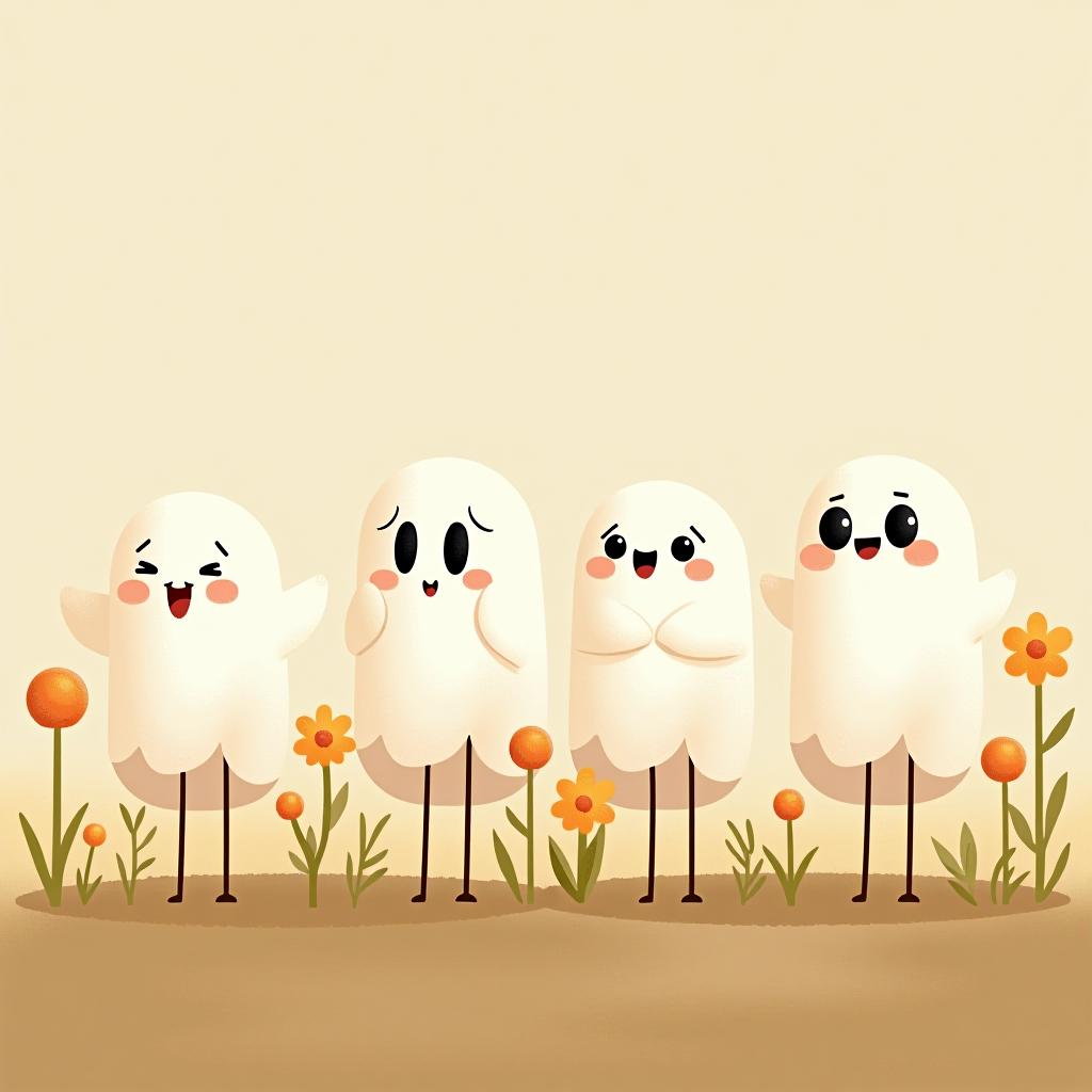  create a digital illustration featuring a row of four or five cute, cartoonish ghost characters, each with a different appearance, standing in different positions within sparse, life like wildflowers.