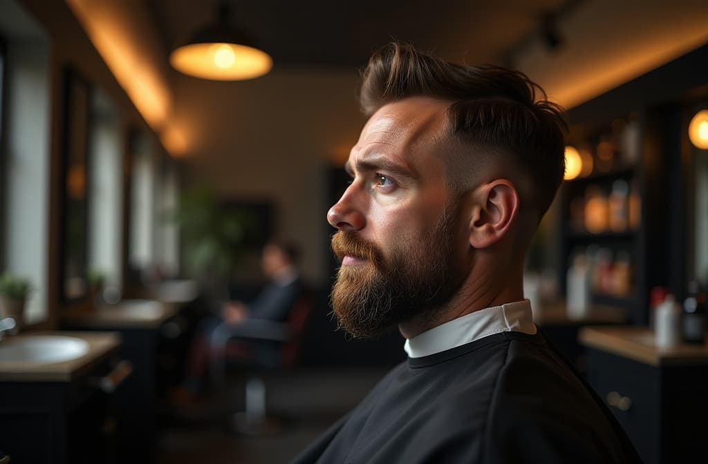  professional detailed photography, barbershop, charismatic man with beard and moustache in barber chair, full face, interior of modern barbershop in dark colors ar 3:2, (muted colors, dim colors, soothing tones), (vsco:0.3)