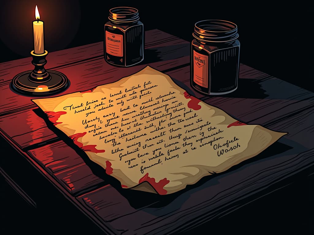  aged letter, parchment with ink stains, resting on a rustic desk, dim candlelight, atmosphere heavy with unspoken regrets. the style is digital art illustration / modern comic book / graphic dark novel fantasy and mysterious occult, symbolic, moody lighting, esoteric vibe,high detail on character design. for the color scheme emphasize blacks and reds.