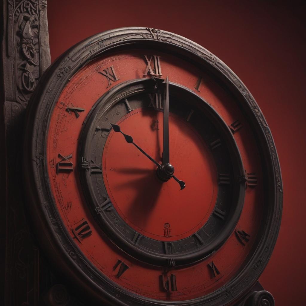 A transition shot with a time jump effect, showing a clock ticking for 1.5 seconds, symbolizing the pivotal moment of revelation approaching, building tension and intrigue for the climax, stylized with ticking clock hands and a suspenseful musical score"in the style of classical Greek pottery art, with intricate black figures on a red background, depicting mythological scenes with a focus on gods and heroes, using a limited color palette of red, black, and white"This image is a breathtaking painting that captures the magical scene with vivid detail. The overall composition is spellbinding, showcasing a perfect harmony. photorealism fantasy, unreal engine 5, concept hyperrealistic, full body, detailed clothing, highly detailed, cinematic lighting, stunningly beautiful, intricate, sharp focus, f/1. 8, 85mm, (centered image composition), (professionally color graded), ((bright soft diffused light)), volumetric fog, trending on instagram, trending on tumblr, HDR 4K, 8K