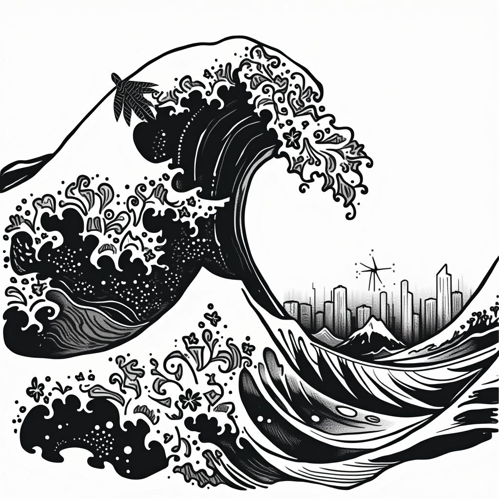  create a tattoo design of wave design, in the style of blackwork which is featuring bold black lines and shading, often with a focus on abstract or surreal imagery, on a white background