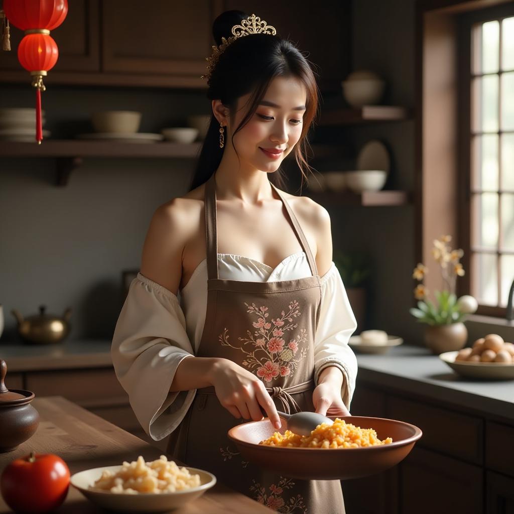  chinese princess from the ancient era, is in naked apron. the princess should have an elegant and regal appearance, cooking at kitchen room, high quality, high details, hd, perfect composition, 4k epic detailed, highly detailed, sharp focus, high resolution