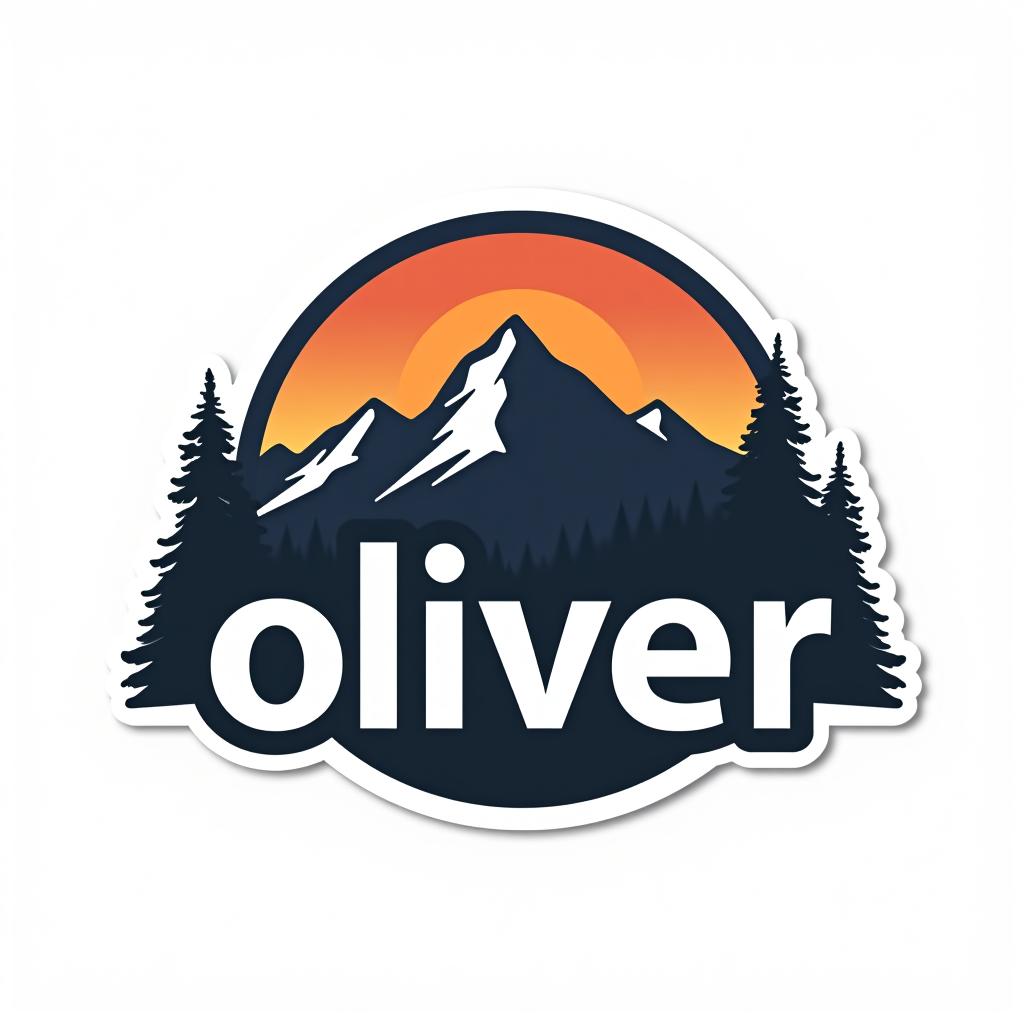  design a logo, custom sticker design on an isolated white background with the bold words ‘oliver’ with a backdrop of a mountain range, and silhouettes of pine trees at sunset