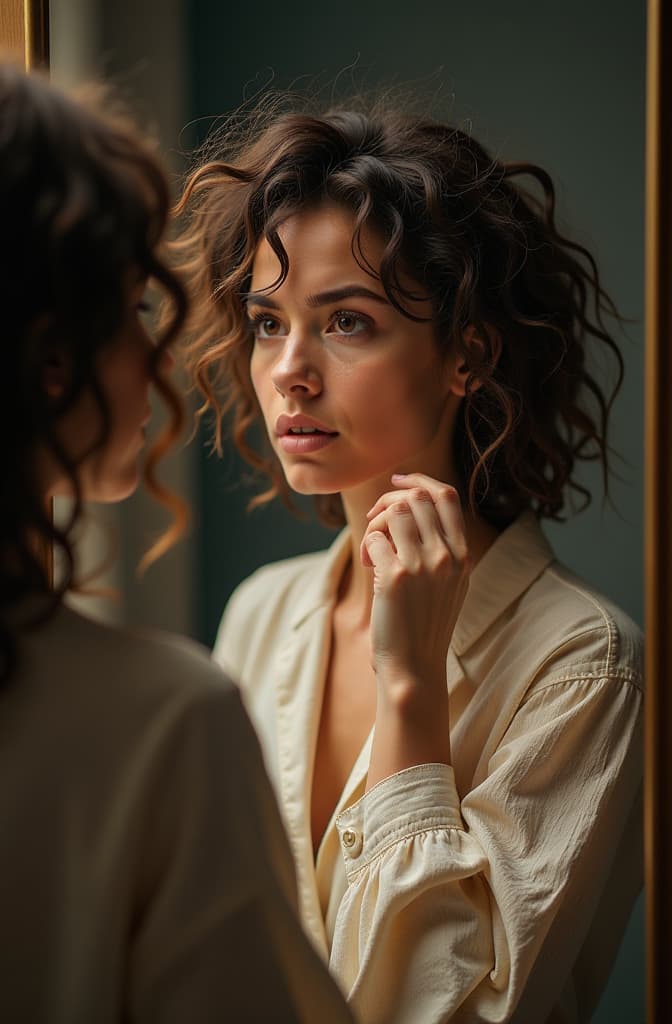  una foto de una mujer con un alisador de cabello en una mano y el cabello completamente desordenado, lleno de frizz, mirando al espejo con una expresión de frustración y desesperación. hyperrealistic, full body, detailed clothing, highly detailed, cinematic lighting, stunningly beautiful, intricate, sharp focus, f/1. 8, 85mm, (centered image composition), (professionally color graded), ((bright soft diffused light)), volumetric fog, trending on instagram, trending on tumblr, HDR 4K, 8K