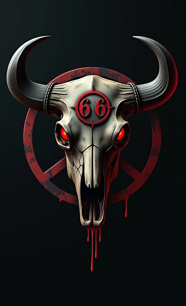  a dark, gritty, and menacing street style logo for "kacher" featuring a vintage, evil buffalo skull with blood red eyes and the satanic symbol 666. incorporate cinematic lighting, low contrast, and low saturation to create a moody, almost menacing atmosphere. the typography should have a rock and roll vibe and feel raw and edgy, reflecting the flux aesthetic.hyper detail, intricate details, sharp focus, high resolution, 8k, ultra detailed, vib