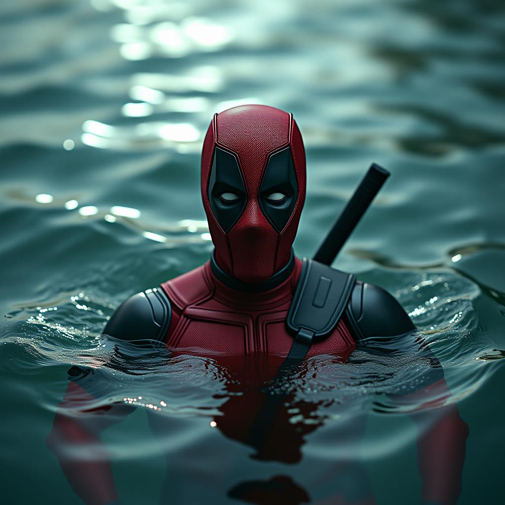  deadpool in the water hyperrealistic, full body, detailed clothing, highly detailed, cinematic lighting, stunningly beautiful, intricate, sharp focus, f/1. 8, 85mm, (centered image composition), (professionally color graded), ((bright soft diffused light)), volumetric fog, trending on instagram, trending on tumblr, HDR 4K, 8K