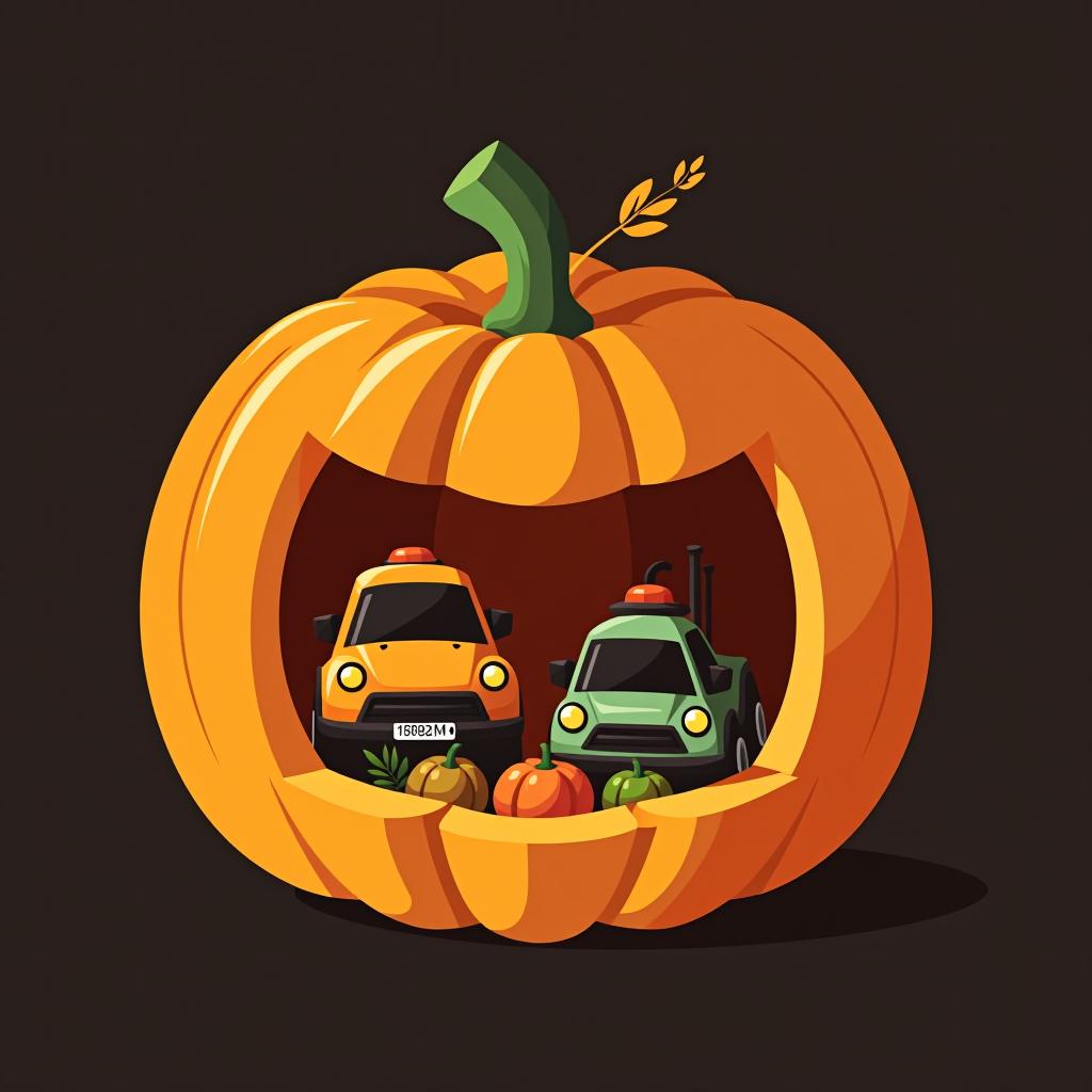  design a logo, una calabaza abierta con autos de juguete y lapiceras adentro