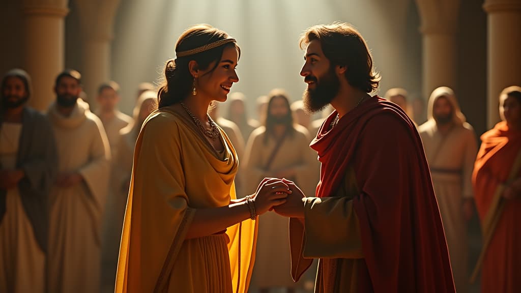  history of biblical times, a lively ancient wedding scene where jacob celebrates his marriage to leah, unaware of laban’s deception. hyperrealistic, full body, detailed clothing, highly detailed, cinematic lighting, stunningly beautiful, intricate, sharp focus, f/1. 8, 85mm, (centered image composition), (professionally color graded), ((bright soft diffused light)), volumetric fog, trending on instagram, trending on tumblr, HDR 4K, 8K