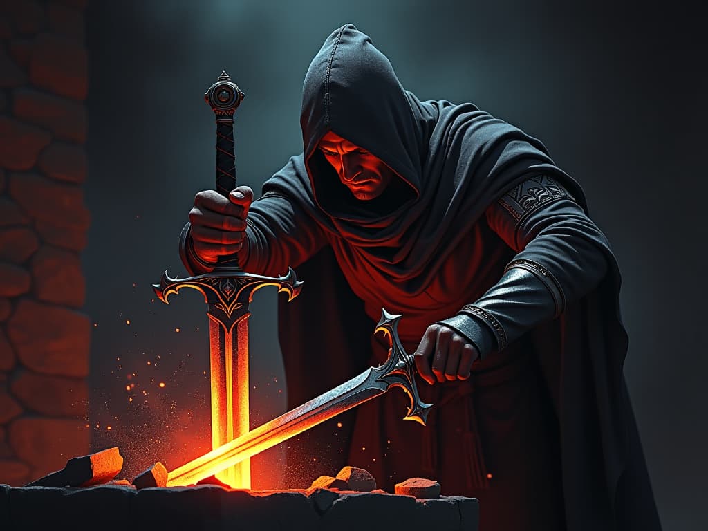  a blacksmith forging a new sword, sparks flying, sense of craftsmanship, determination.. the style is dark fantasy and mysterious occult, symbolic, moody lighting, esoteric vibe,high detail on character design. for the color scheme emphasize blacks and reds.