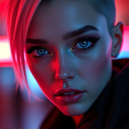  ultra realistic close up portrait ((beautiful pale cyberpunk female with heavy black eyeliner)), blue eyes, shaved side haircut, hyper detail, cinematic lighting, magic neon, dark red city, canon eos r3, nikon, f/1.4, iso 200, 1/160s, 8k, raw, unedited, symmetrical balance, in frame, 8k hyperrealistic, full body, detailed clothing, highly detailed, cinematic lighting, stunningly beautiful, intricate, sharp focus, f/1. 8, 85mm, (centered image composition), (professionally color graded), ((bright soft diffused light)), volumetric fog, trending on instagram, trending on tumblr, HDR 4K, 8K