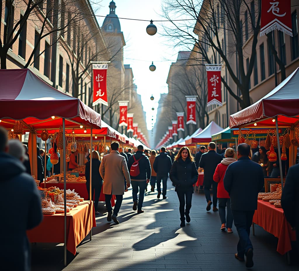  public holiday street fair with vendors and games, lively celebration