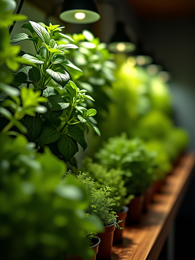  high quality portrait photo of a close up of an outdoor kitchen's herb garden wall with small, adjustable led grow lights illuminating various plants, creating a living green backdrop hyperrealistic, full body, detailed clothing, highly detailed, cinematic lighting, stunningly beautiful, intricate, sharp focus, f/1. 8, 85mm, (centered image composition), (professionally color graded), ((bright soft diffused light)), volumetric fog, trending on instagram, trending on tumblr, HDR 4K, 8K