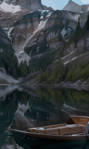 A serene mountain lake nestled between snow-capped peaks, with a wooden cabin overlooking the tranquil water, and a rowboat moored at the shore