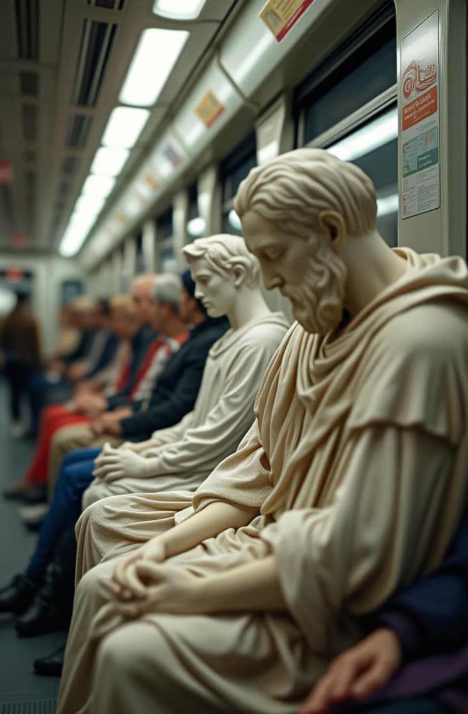  greek marble statues sitting in a very crowded subway train during rush hour, commuting, sad expressions. intricate details, photo taken on hasselblad, creative photoshoot, unreal render 8k. hyperrealistic, full body, detailed clothing, highly detailed, cinematic lighting, stunningly beautiful, intricate, sharp focus, f/1. 8, 85mm, (centered image composition), (professionally color graded), ((bright soft diffused light)), volumetric fog, trending on instagram, trending on tumblr, HDR 4K, 8K