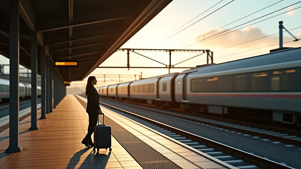  woman waiting on the station platform ,railroad transport concept, traveler.woman with suitcase walking at railroad station platform. travel to vacation by train,stand on platform waiting train in sky