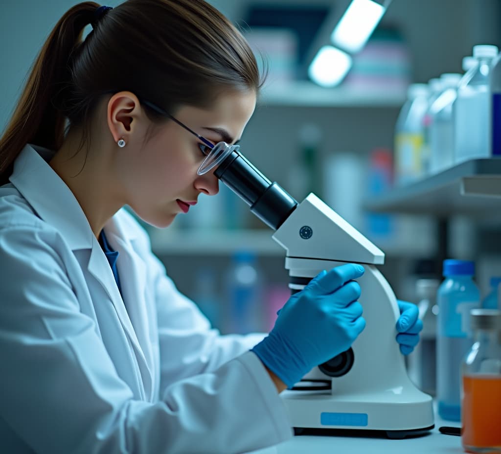  female scientist examining sample under microscope