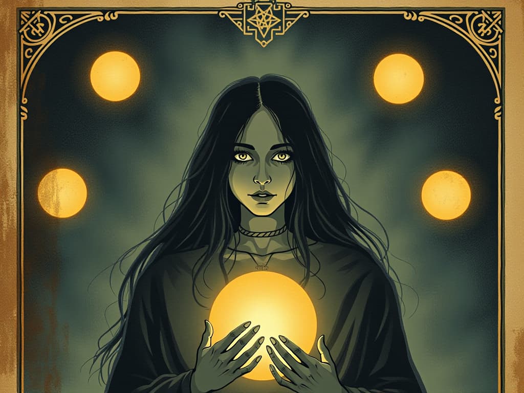  a figure surrounded by glowing protective symbols, eyes wide open in awareness, vigilant expression, ethereal light forming a barrier, guarded, enlightened. an illustration in the style of a worn, mystical old tarot trump card, mysterious and elements of surrealism. the colors are muted, somber and eerie, but with contrast bring out an occult and esoteric vibe.