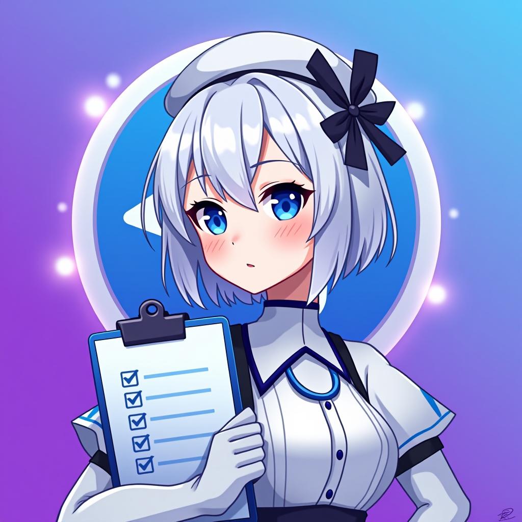  good quality, high quality, a profile picture for a telegram group management bot featuring emilia from re:zero. emilia is depicted with her silver hair and blue eyes, with hat, holding a stylized clipboard with a checklist. the background is a soft gradient of telegram logo purple and blue, symbolizing efficiency and organization. the telegram iconic logo is subtly integrated into the background, starting small near emilia and gradually growing in size and brightness as it moves outward, blending smoothly with the gradient color, checklist in "admin" "group safety" "ai features" "antisytem"