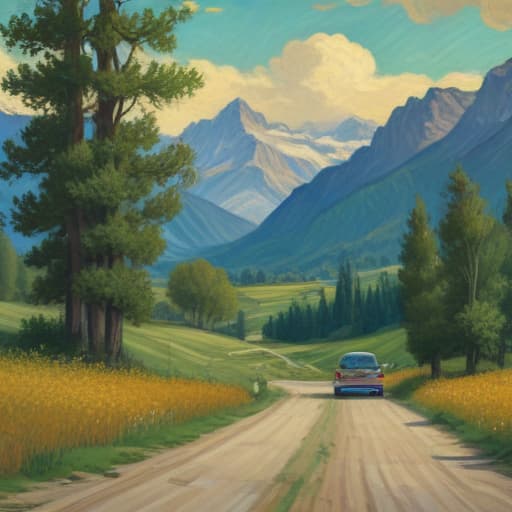 Mountains, trees, field, winding road, GM car in Van Gogh style