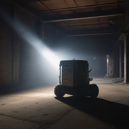 A photo of an industrial-grade vent cleaning robot meticulously scrubbing the ventilation ducts in a dimly lit, abandoned warehouse during the late hours of the evening, illuminated by a solitary flickering spotlight casting eerie shadows across the dusty, metallic surfaces.