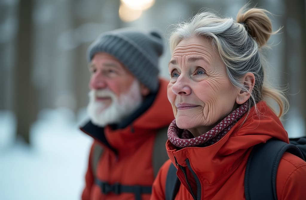  an elderly couple, a man and a woman, doing nordic walking in the winter forest, ar 3:2, (natural skin texture), highly detailed face, depth of field, hyperrealism, soft light, muted colors