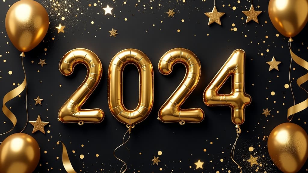  2024 new year elegant card design featuring gold and black with golden balloons, confetti, and ribbons. ideal for holiday greetings, invitations, and christmas celebrations ar 16:9 {prompt}, maximum details