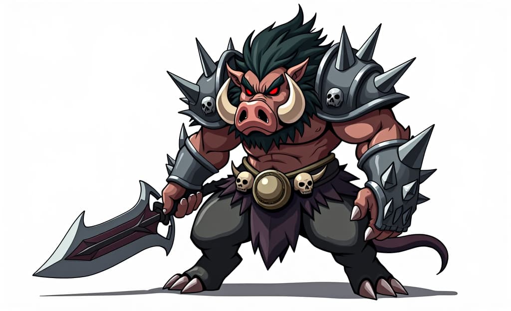  create a 2d anime style character sheet turnaround of a large, menacing boar like creature with spiky dark hair, glowing red eyes, and massive tusks. the creature wears heavy, jagged armor adorned with metallic spikes and skulls, emphasizing its brute strength and ferocity. its muscular body is covered with fur, and it wields a large, jagged blade in one hand. the character should have a powerful, intimidating stance, with exaggerated features typical of anime villains, a simple background.hyper detail, intricate details, sharp focus, high resolution, 8k, ultra detailed, vib