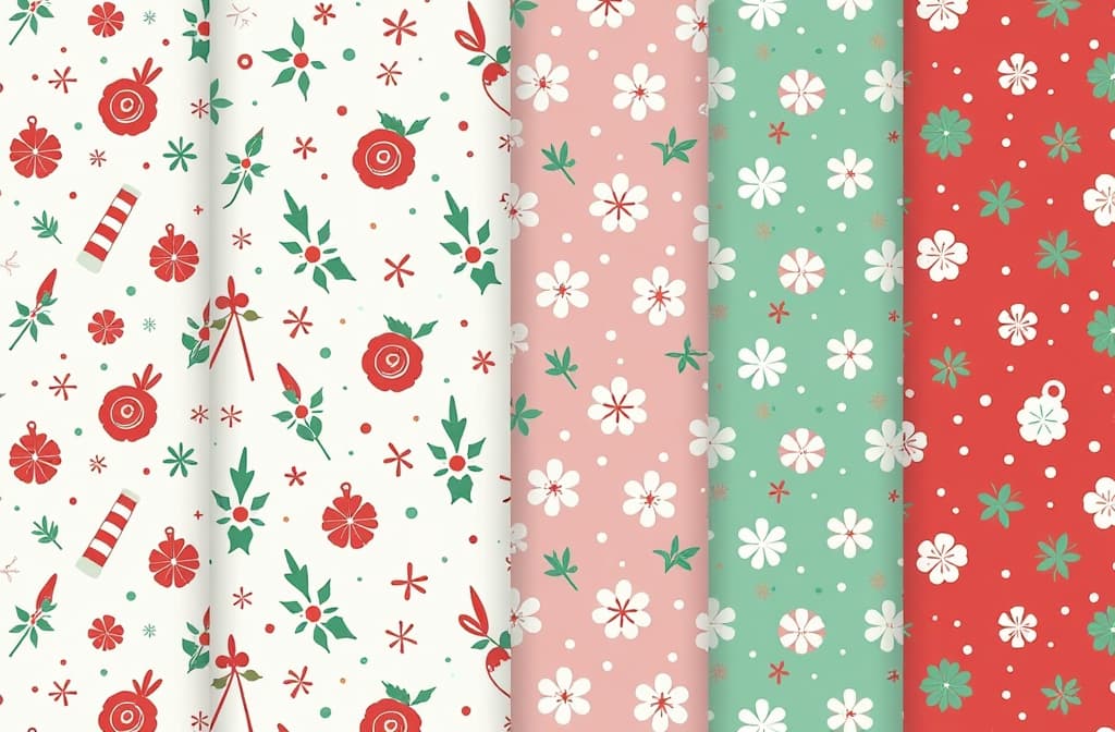  christmas themed backgrounds featuring cute patterns of wrapping paper, candy, flowers, leaves, berries, and snowflakes {prompt}, maximum details