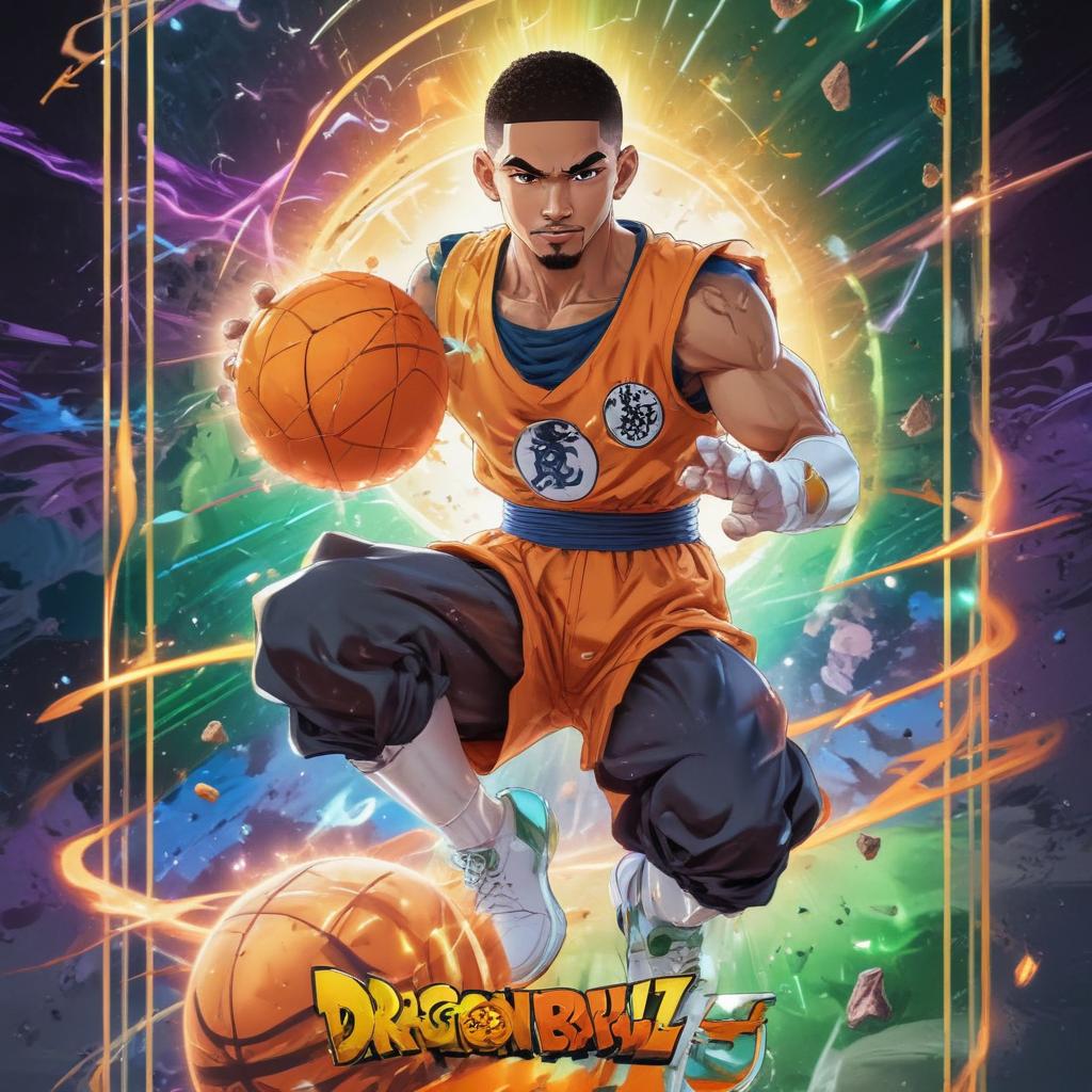 distance-shot, flashy, full-body, dynamic, holographic, animated cartoon poster of jayson tatum in the style of dragon ball super