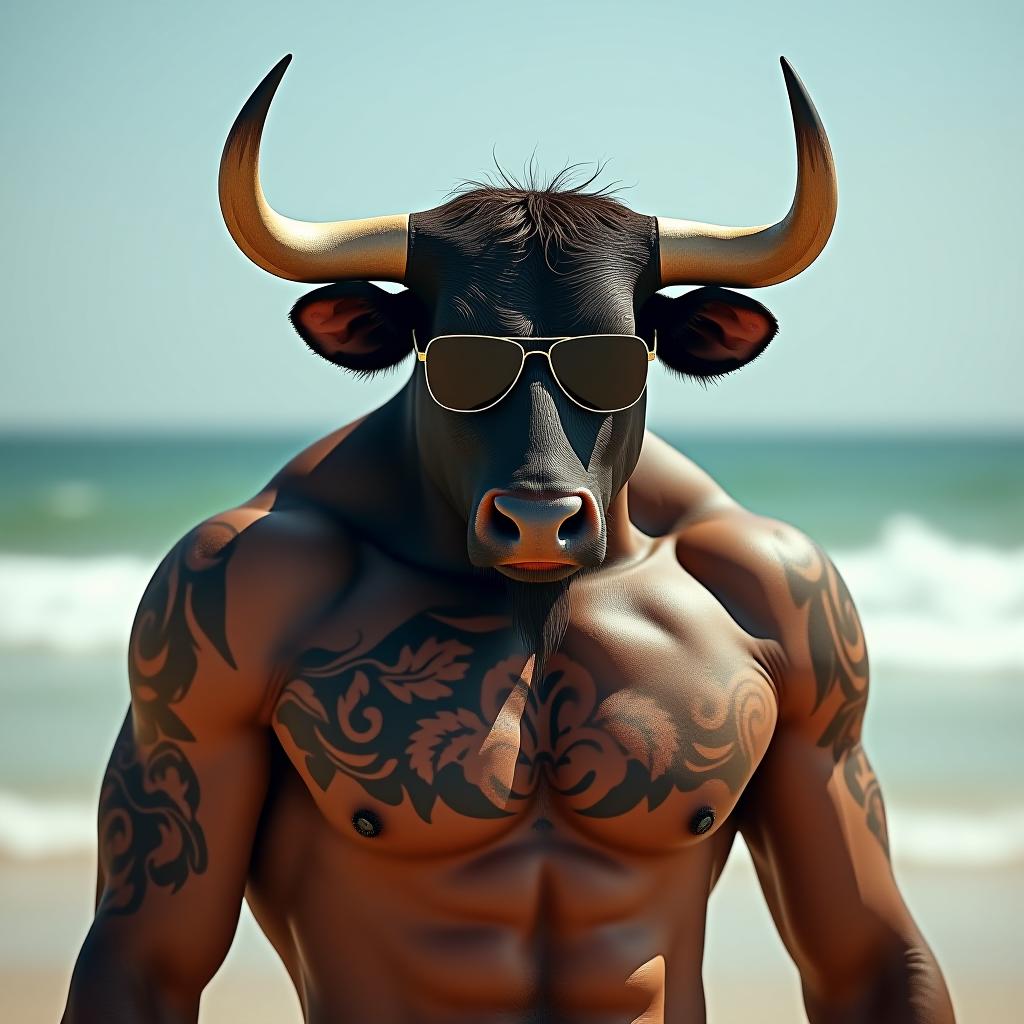  a majestic humanoid bull, wearing a polarized sunglasses, with detailed muscles showing polynesian tattoos, standing confidently in a beach setting | cinematic atmospherr, natural lighting | photorealistic | studio lighting