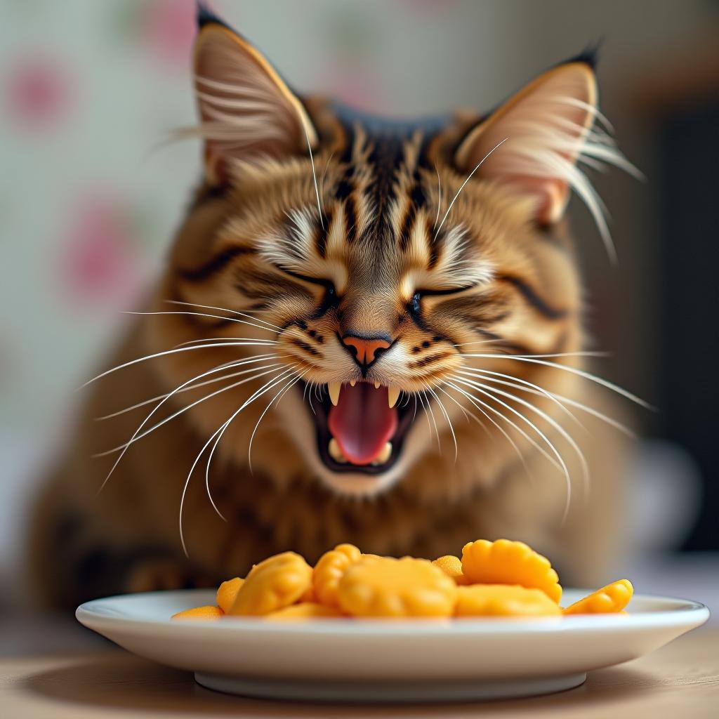  a brown british cat is eating food and purring with pleasure.