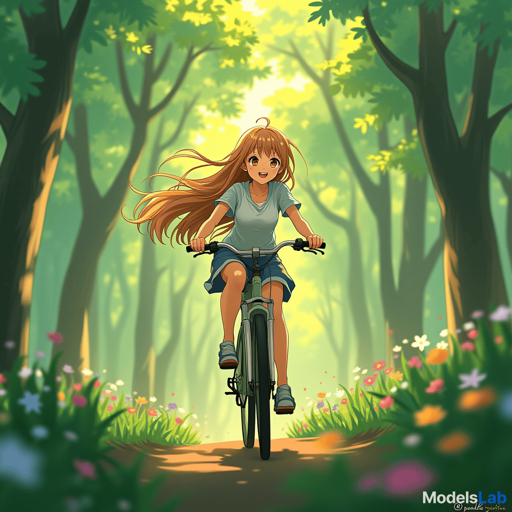  a joyful rides her bicycle through a lush, green forest, sunlight streaming through the canopy of trees above. the scene is bursting with vint colors, featuring a range of blooming flowers on the forest floor, and dappled sunlight creating shadows. the has long, flowing hair that dances in the wind, and her expression is one of carefree delight, captured in a whimsical anime style.