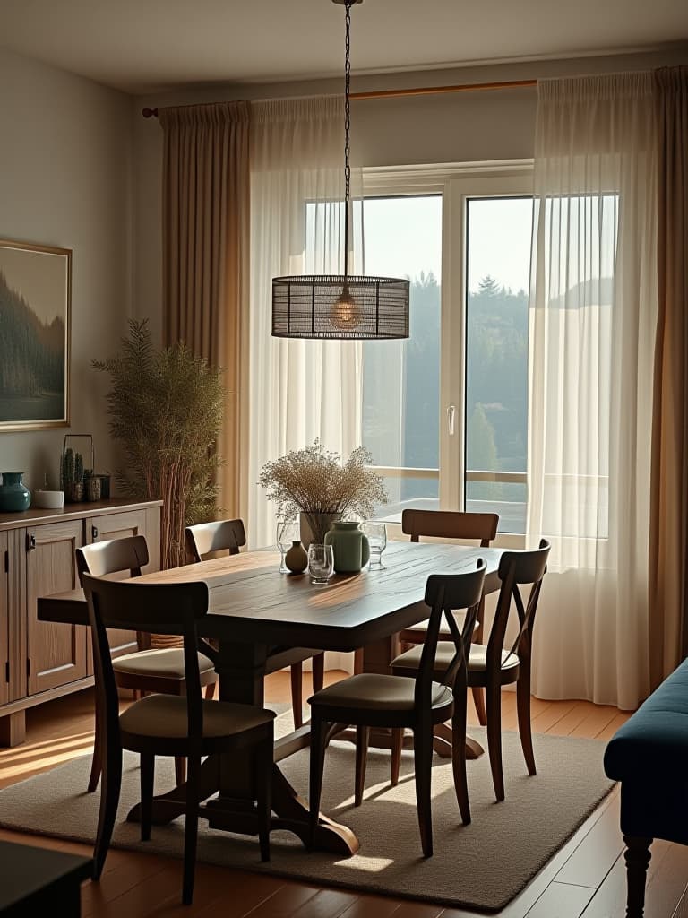  high quality portrait photo of a cozy farmhouse style dining room in a modern condo, featuring a rustic wooden table, mismatched chairs, and a large window with sheer curtains letting in soft natural light, captured from a corner angle hyperrealistic, full body, detailed clothing, highly detailed, cinematic lighting, stunningly beautiful, intricate, sharp focus, f/1. 8, 85mm, (centered image composition), (professionally color graded), ((bright soft diffused light)), volumetric fog, trending on instagram, trending on tumblr, HDR 4K, 8K