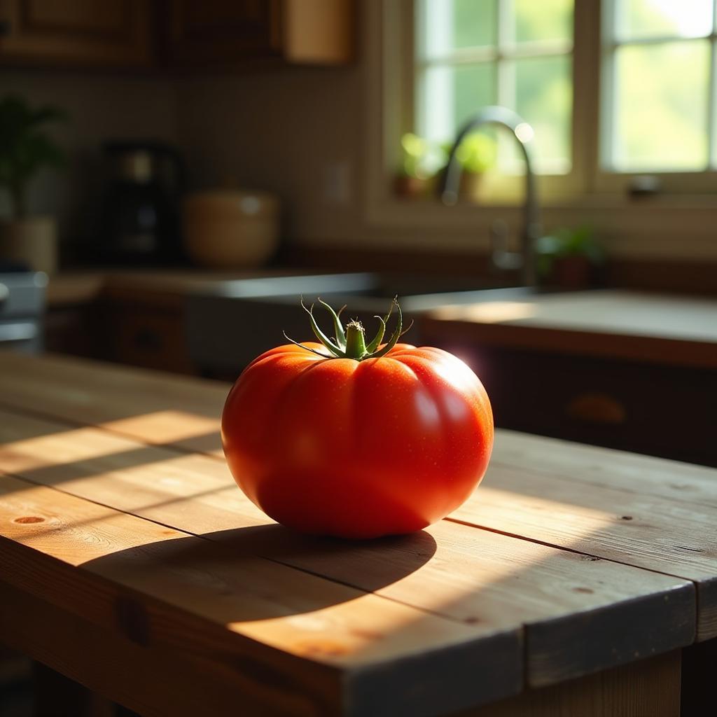  imagine a tomato placed centrally on a rustic wooden table within a cozy kitchen. the style evokes a homely, rustic charm, emphasizing natural textures and simplicity. the composition focuses on the tomato, with soft, natural light streaming from a nearby window, enhancing the vividness of its red skin (rgb: 255, 99, 71). the color palette includes the deep green of the tomato's stem (rgb: 0, 128, 0) and the warm browns of the wooden table (rgb: 139, 69, 19). the mood is serene and inviting, highlighted by the soft daylight and the rich, contrasting colors.