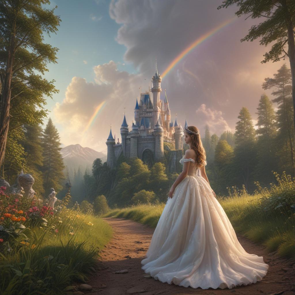 ((masterpiece)),(((best quality))), 8k, high detailed, ultra detailed, A little princess, tiara, castle in the background, magical forest, unicorns frolicking, rainbow in the sky hyperrealistic, full body, detailed clothing, highly detailed, cinematic lighting, stunningly beautiful, intricate, sharp focus, f/1. 8, 85mm, (centered image composition), (professionally color graded), ((bright soft diffused light)), volumetric fog, trending on instagram, trending on tumblr, HDR 4K, 8K