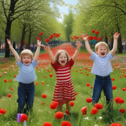 Generate hyperreality images, children, spring, red flags, white-blue-red flags, colored balls, flowers, children laughing, waving their hands