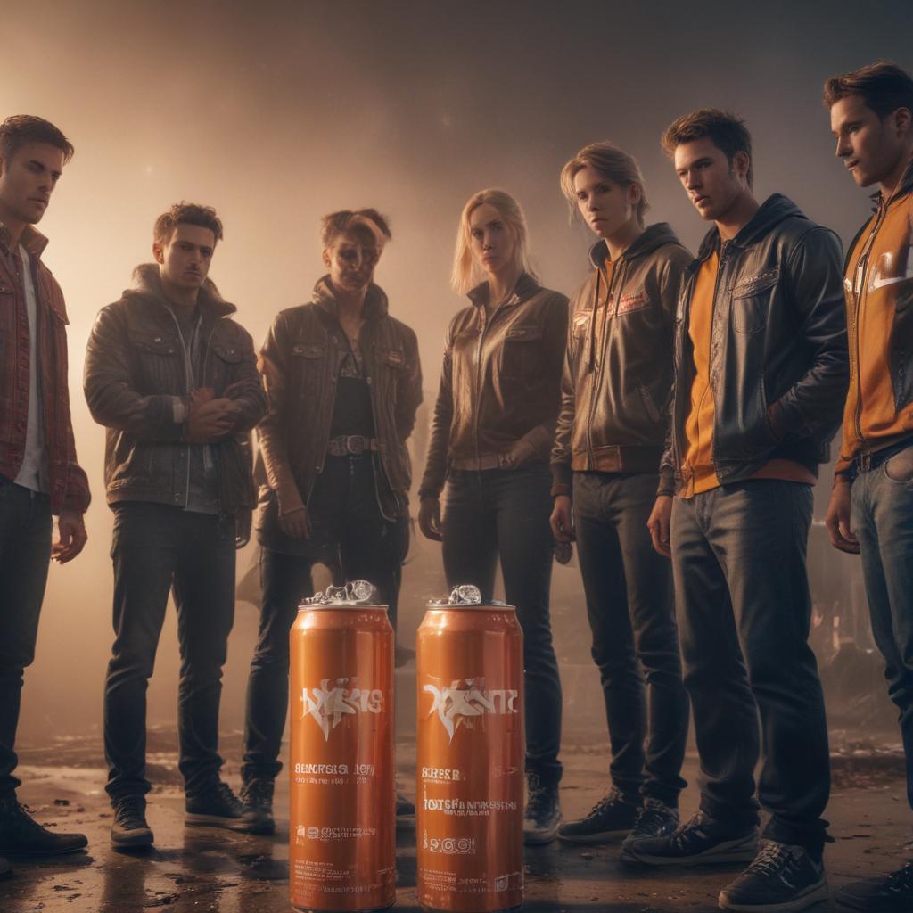 ((masterpiece)), (((best quality))), 8k, high detailed, ultra detailed, A group of friends celebrating together with XS Peach Special Edition energy drinks hyperrealistic, full body, detailed clothing, highly detailed, cinematic lighting, stunningly beautiful, intricate, sharp focus, f/1. 8, 85mm, (centered image composition), (professionally color graded), ((bright soft diffused light)), volumetric fog, trending on instagram, trending on tumblr, HDR 4K, 8K