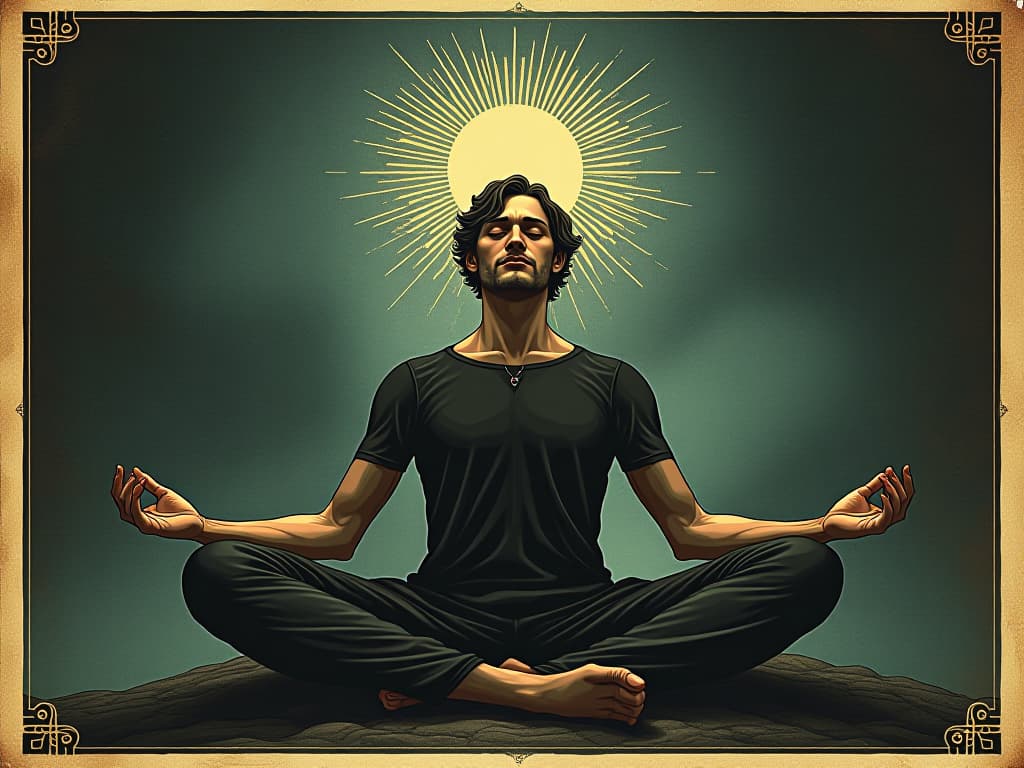  a male figure, meditative pose, light emanating from third eye, serene face, cosmic background. an illustration in the style of a worn, mystical old tarot trump card, mysterious and elements of surrealism. the colors are muted, somber and eerie, but with contrast bring out an occult and esoteric vibe.