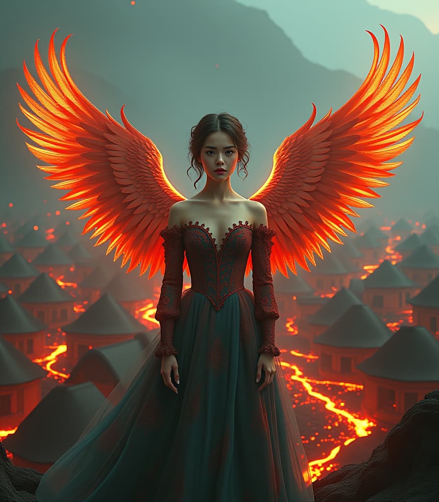  dreamscape (digital image, double exposure, masterpiece:1.3). (a beautiful girl in the image of a phoenix in vintage clothes, magnificent wings behind her back, expressive beautiful eyes, a look at the viewer:1.6). red ((fiery rivers of lava)), small rounded houses with pointed roofs. (background: eruption of vesuvius:1.4). a fascinating sight, (flowers from the flames:1.4), bright accents. revival. (in the style of josephine wall:1.5). high detail, realistic fantasy, 1024k resolution, hdr. . surreal, ethereal, dreamy, mysterious, fantasy, highly detailed hyperrealistic, full body, detailed clothing, highly detailed, cinematic lighting, stunningly beautiful, intricate, sharp focus, f/1. 8, 85mm, (centered image composition), (professionally color graded), ((bright soft diffused light)), volumetric fog, trending on instagram, trending on tumblr, HDR 4K, 8K