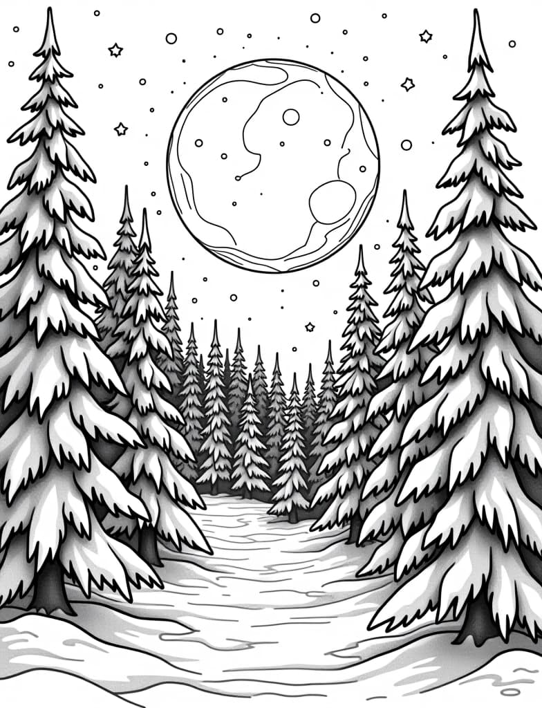  this is for an adult coloring page. a detailed black and white line art of a snowy winter moonlight shining on a snow covered forest on a solid white background.