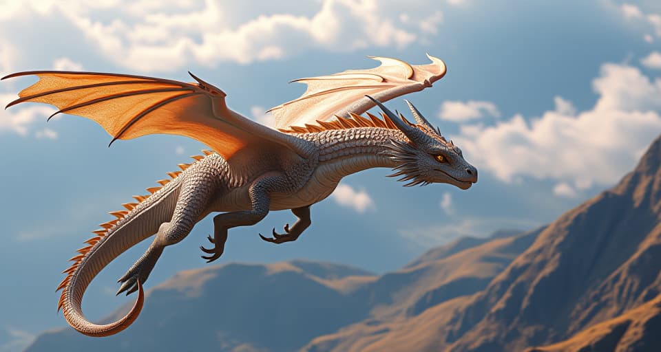  a serene dragon with iridescent scales, flying over a bright, magical landscape. the expansive view ahead signifies the long journey and the distance already covered.. the style is digital art illustration,highly detailed, whimsical,magical, dreamlike atmosphere, realism and fantasy blend, smooth, glossy textures,luminous quality, wonder and enchantment.