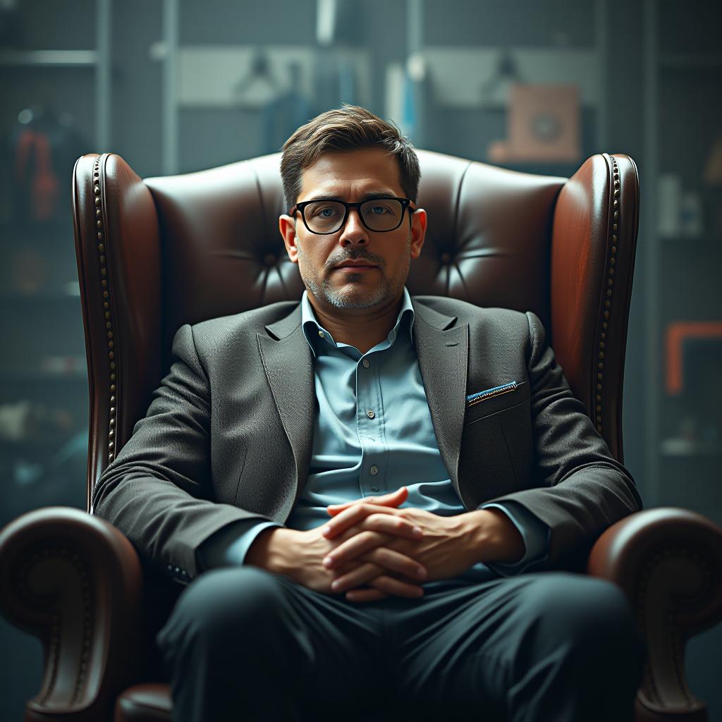  a man, who is a psychologist and wears glasses, is sitting in a luxurious chair surrounded by sports equipment. hyperrealistic, full body, detailed clothing, highly detailed, cinematic lighting, stunningly beautiful, intricate, sharp focus, f/1. 8, 85mm, (centered image composition), (professionally color graded), ((bright soft diffused light)), volumetric fog, trending on instagram, trending on tumblr, HDR 4K, 8K