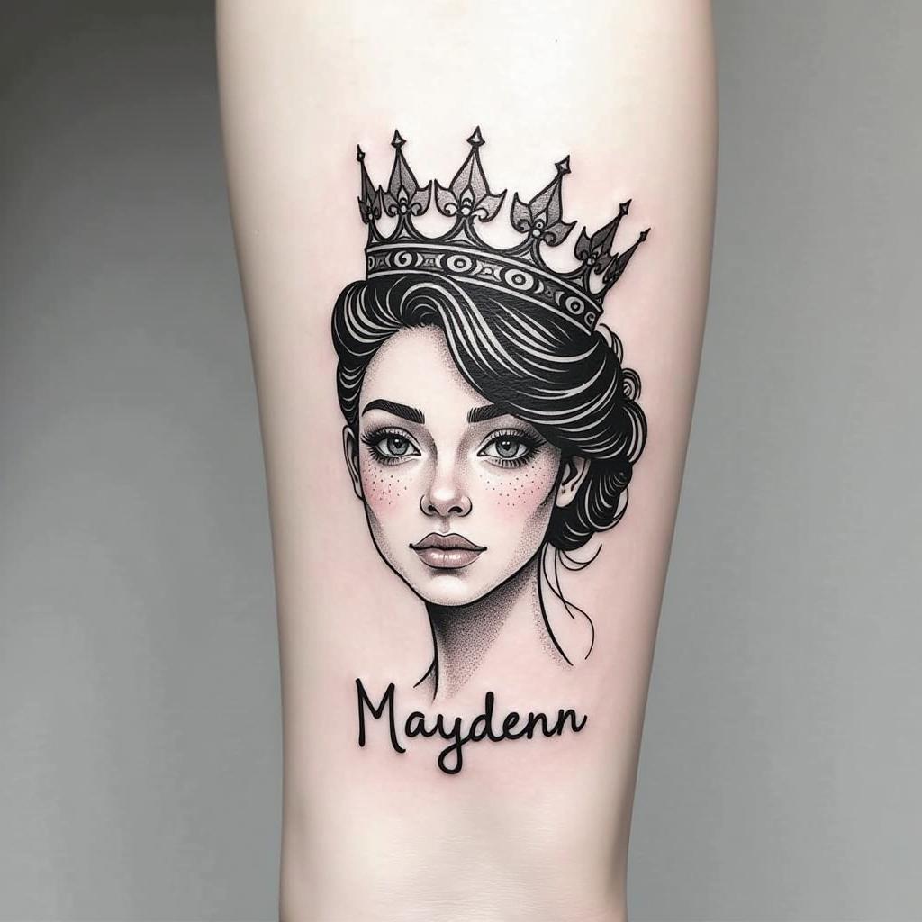  create a tattoo design of tatoo minimalist first name maydenn with a crown, in the style of blackwork which is featuring bold black lines and shading, often with a focus on abstract or surreal imagery, on a white background