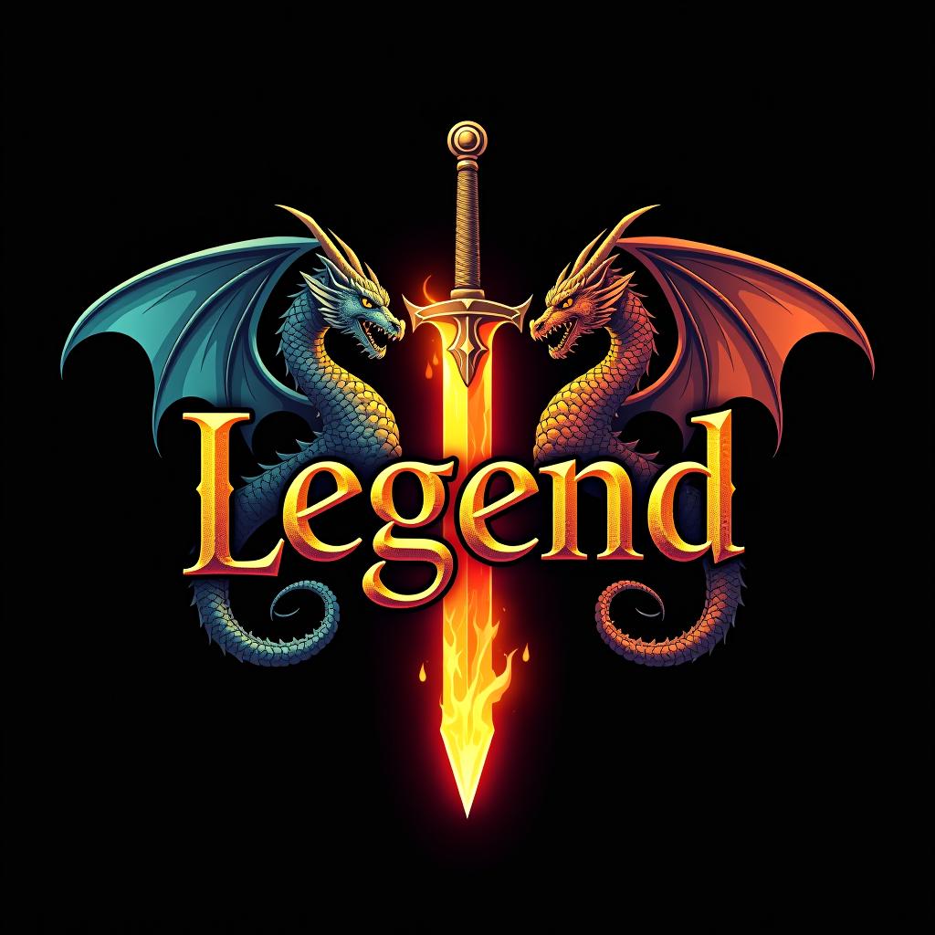  design a logo, custom sticker design on an isolated black background with the words ‘legend’ in bold font decorated by mythical dragons and a flaming sword